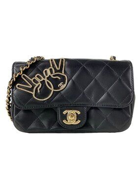 Chanel Shoulder Bag Mini Quilted Black Rhinestone Chain Gold Peace Sign Lambskin